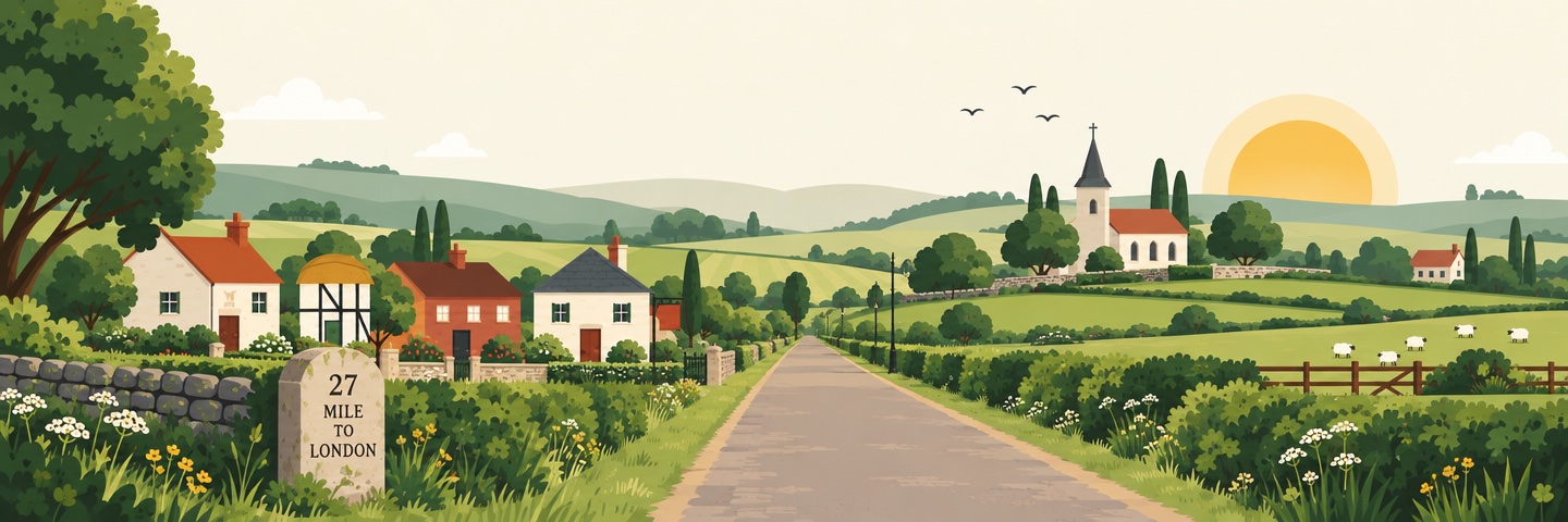 An illustration of Puckeridge: cottages and a timber-framed house by the road, the 27-mile milestone to London, a church on the hill, sheep in the fields and the sun rising over rolling hills